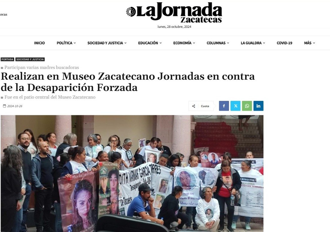 CentroProdh's tweet photo. Agradecemos a los medios locales de #Zacatecas su cobertura de las "Jornadas  en contra de la #DesapariciónForzada" para difundir la situación de las y los desaparecidos en el estado. Su trabajo, realizado en condiciones adversas, es esencial para visibilizar la luchas de las familias.