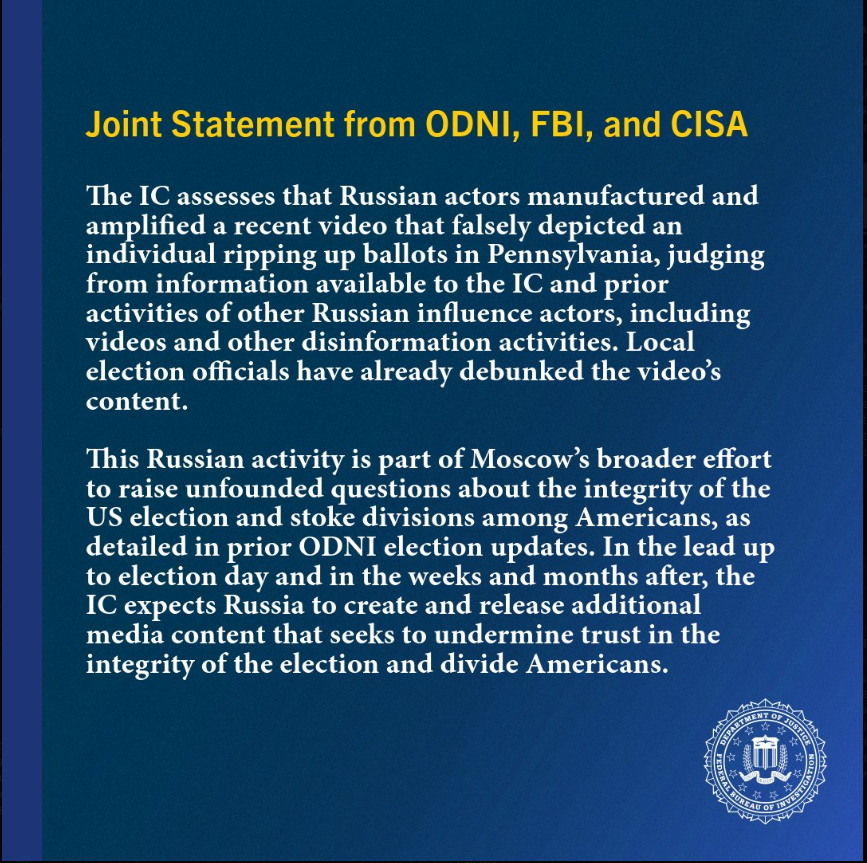 FBIBoston's tweet photo. The @ODNIgov, the #FBI, and @CISAgov released the following statement on a recent video that falsely depicted an individual ripping up ballots in Pennsylvania. https://t.co/CHOX8OTG4f