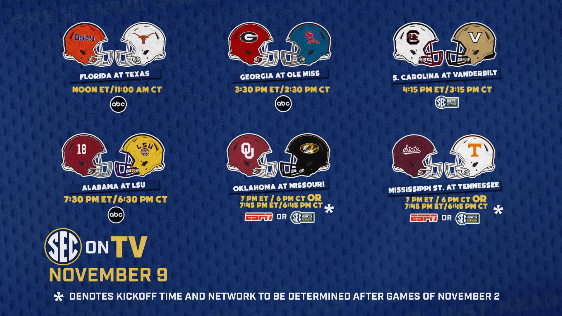 Southeastern Conference on X: &ldquo;📺 #SECFB on TV: Nov. 9 Updates 