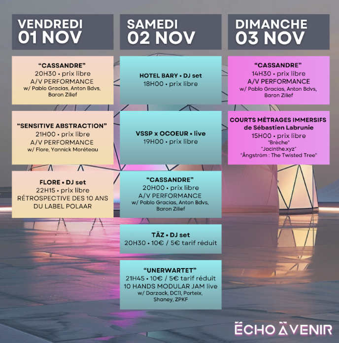 Retrouvez toute la programmation ainsi que les infos pratiques du festival Écho À Venir#10, ci-dessus👇

📅 Date : Vendredi 01 au Dimanche 03 Novembre 
📍 Lieu : Parc aux angéliques, Square Toussaint Louverture Bordeaux
👉 Billetterie : bit.ly/EAV10_BILLETTE…