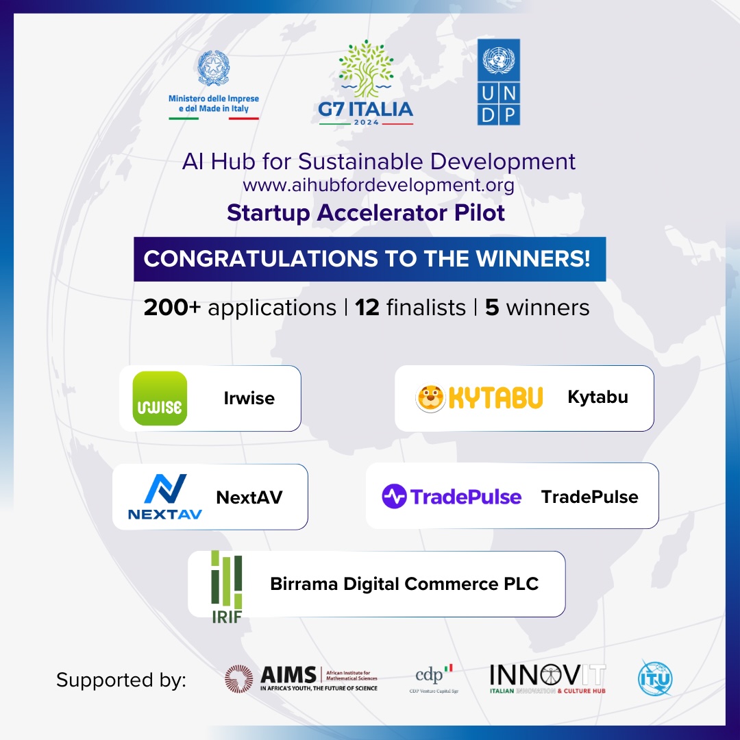 🚀Excited to announce the 5 #African startups selected for our #AI Hub for Sustainable Development: Startup Accelerator Pilot! 

They will be heading to San Fran in Nov to pitch their ideas to global leaders in AI 🌍💡.

Meet them and other finalists:  aihubfordevelopment.org/startup-accele….