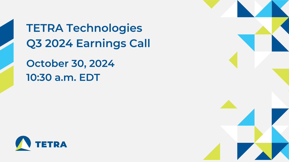 EARNINGS RELEASE: TETRA will host a Q3 2024 call on Oct 30 at 10:30 a.m. EDT. President &amp; CEO Brady M. Murphy and SVP &amp; CFO Elijio V. Serrano will lead the discussion.

Join via webcast: hubs.la/Q02W07_b0 or call 1-888-660-6345.

#TTI #Earnings #TETRAThirdQuarter #OilAndGas
