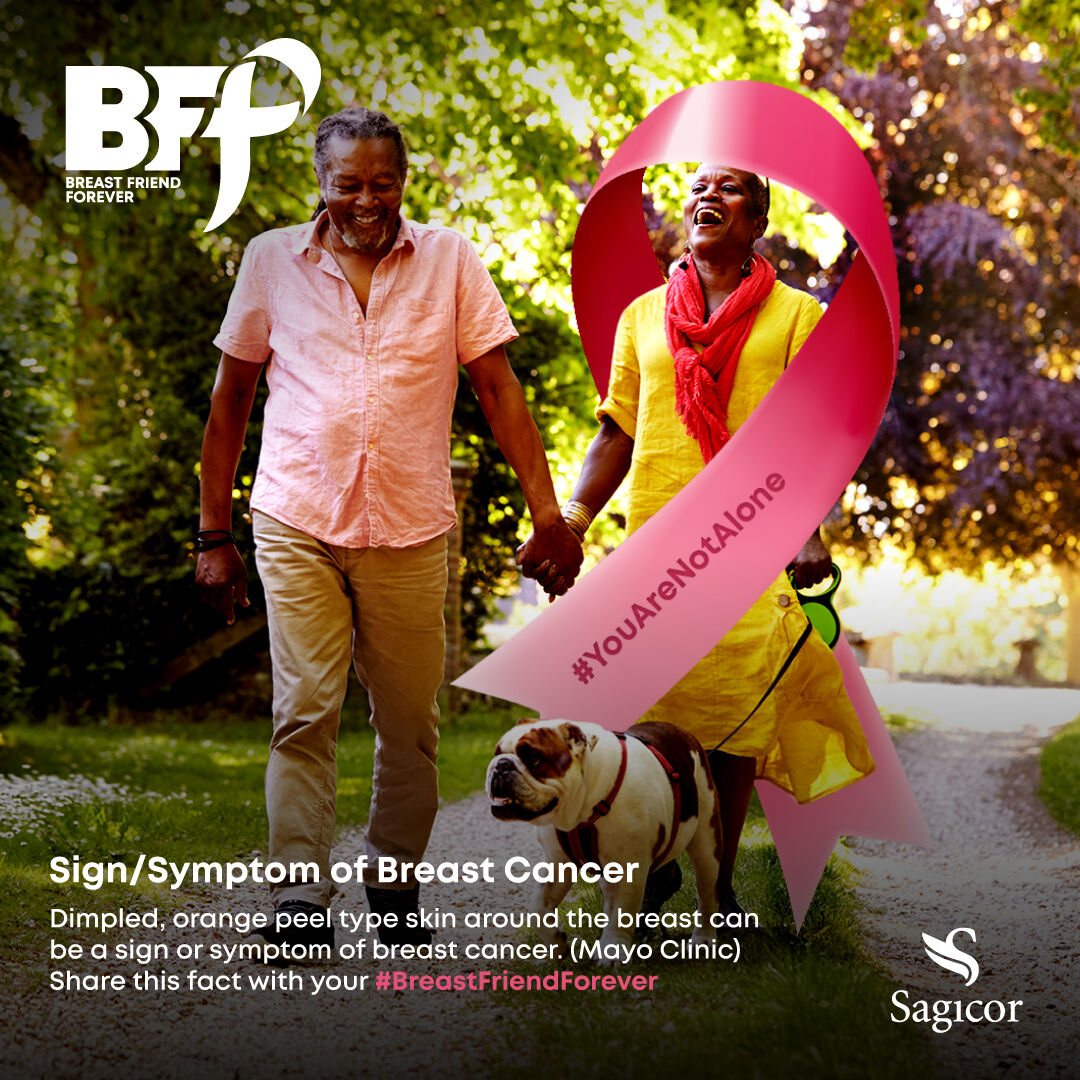 Dimpled, orange peel type skin around the breast can be a sign or symptom of breast cancer. (Mayo Clinic)

Share this interesting fact with your Breast Friend Forever. #YouareNotAlone