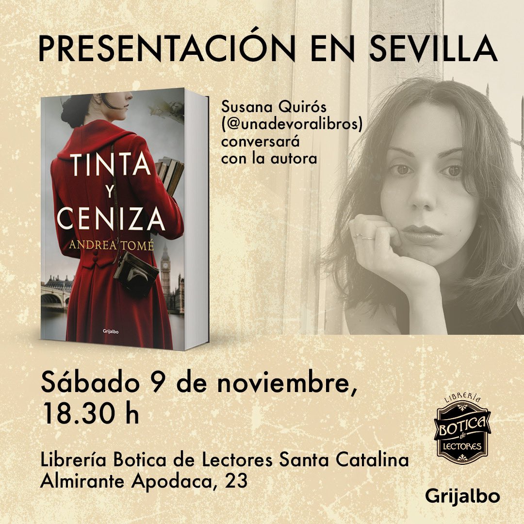 andrea 🪬 #TintaYCeniza a la venta (@andreatome_) on Twitter photo 🚨 PRESENTACIÓN EN SEVILLA 🚨 
El próximo 9 de noviembre a las 18:30 presentaré mi novela #TintaYCeniza en la librería Botica de Lectores Santa Catalina (#Sevilla) junto a la maravillosa Susana Quirós (<a href="/unadevoralibros/">Susana Quirós</a>) 🖋️🤍
¡Habrá postales y pegatinas para los asistentes! 🚨 PRESENTACIÓN EN SEVILLA 🚨 
El próximo 9 de noviembre a las 18:30 presentaré mi novela #TintaYCeniza en la librería Botica de Lectores Santa Catalina (#Sevilla) junto a la maravillosa Susana Quirós (<a href="/unadevoralibros/">Susana Quirós</a>) 🖋️🤍
¡Habrá postales y pegatinas para los asistentes!