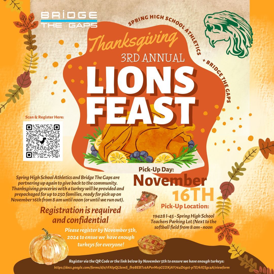 Bridge The Gaps is partnering with Spring Athletics to provide groceries and a turkey for Houston families so they are able to prepare family meals for Thanksgiving: docs.google.com/forms/d/e/1FAI… 
Interested in helping us give back? Contact us! We'd love to have you join us.