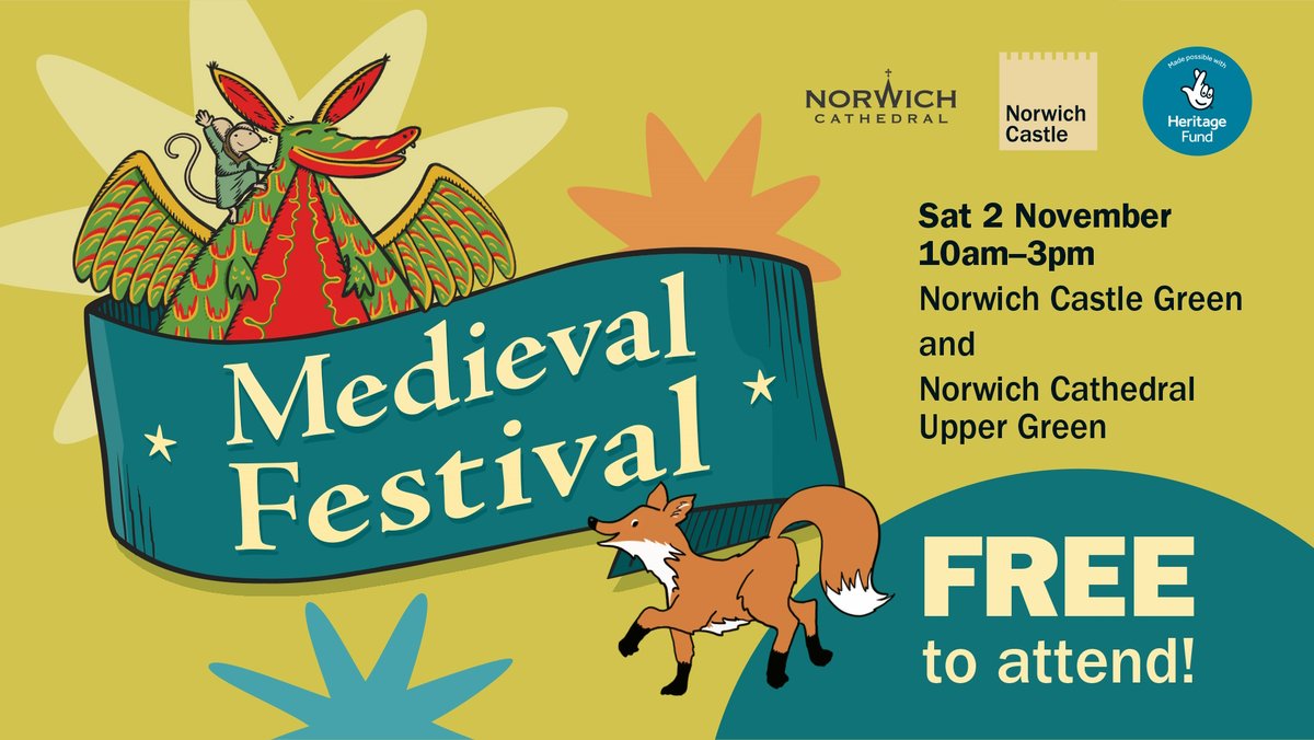 Norwich Castle (@norwichcastle) on Twitter photo 🎉 Everyone's invited to Medieval Festival! 🎉
📅 Sat 2 Nov, 10am-3pm
📍 Norwich Castle & <a href="/Nrw_Cathedral/">Norwich Cathedral</a>
💰 FREE
Explore medieval camps, crafts, combat, & more! Fun for all ages. Don’t miss Snap the Dragon’s trail for families 🐉✨
ow.ly/KxSW50THLu0 🎉 Everyone's invited to Medieval Festival! 🎉
📅 Sat 2 Nov, 10am-3pm
📍 Norwich Castle & <a href="/Nrw_Cathedral/">Norwich Cathedral</a>
💰 FREE
Explore medieval camps, crafts, combat, & more! Fun for all ages. Don’t miss Snap the Dragon’s trail for families 🐉✨
ow.ly/KxSW50THLu0