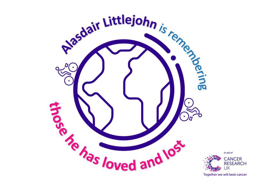 Many thanks to Alasdair Littlejohn for your kind donation, remembering those loved and lost on behalf of <a href="/CR_UK/">Cancer Research UK</a> and myself. It is appreciated.

Over 4 years 4 months I’ve cycled 40,075kms up an incline 802 kms high to help them beat #cancer . Details @ justgiving.com/fundraising/cy…