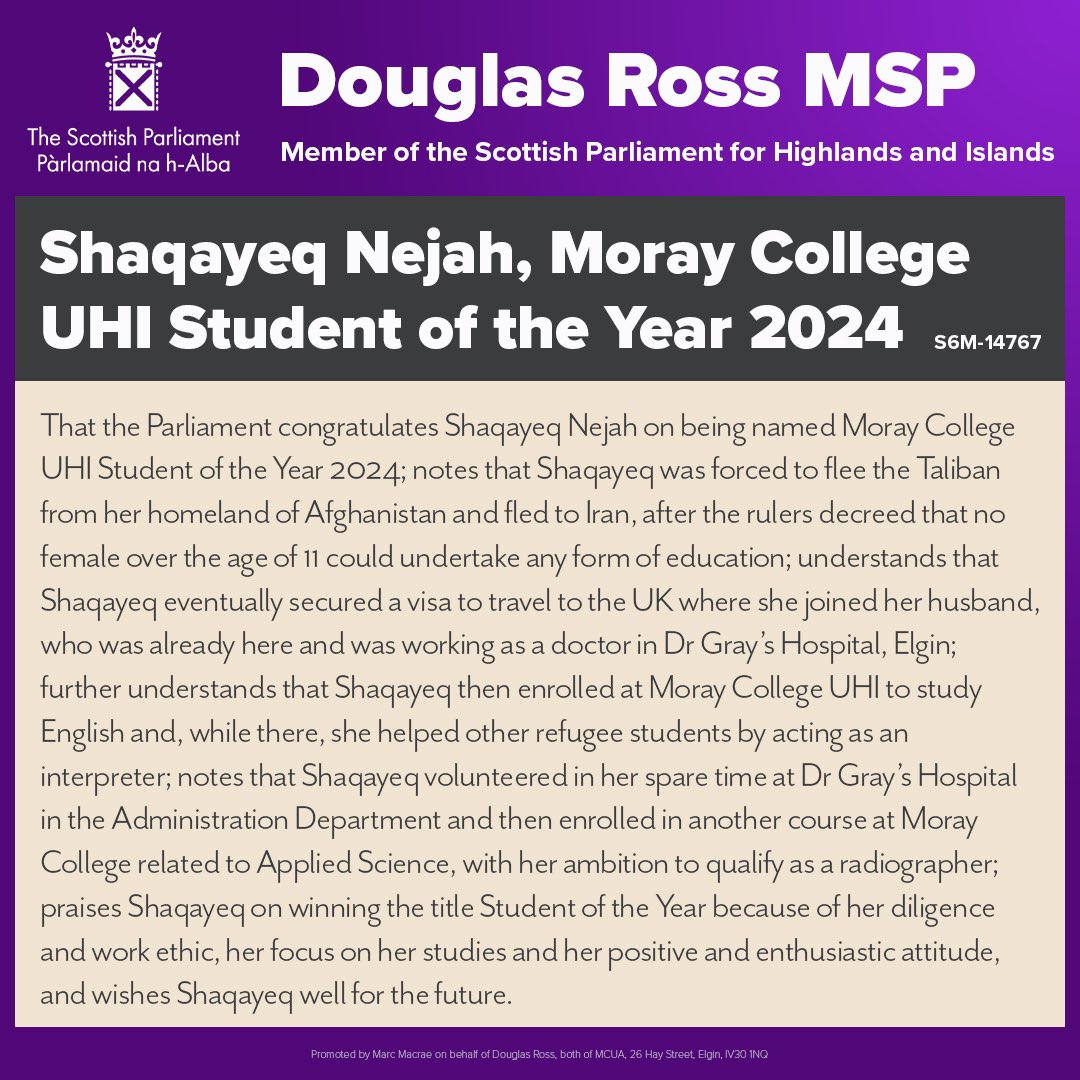 Shaqayeq Nejah was recently named Moray College UHI Student of the Year 2024.

Her story is an inspiration to so many and earlier today I was delighted to present her with a framed copy of the motion I have submitted in Parliament about her achievements.