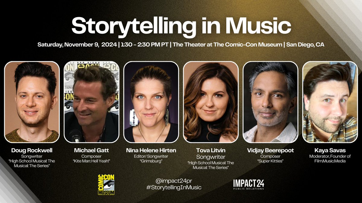 Impact24PR's tweet photo. Get ready for our #StorytellingInMusic panel featuring the creatives behind #HSMTMTS, #KiteManHellYeah, #SuperKitties, and #Grimsburg! See you on November 9 at @ComicConMuseum!
Tickets: https://t.co/eSoCucqoJK
#StorytellingAcrossMedia #Film #TV https://t.co/JAPQ06QHwf