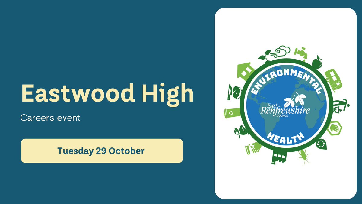 EastRenCouncil's tweet image. Our Environmental Health team will have a stand @EastwoodHighERC careers event tomorrow (29 October) from 6-8pm.

Pop by for a chat, find out more about the profession, applying for the University of the West of Scotland degree course and placements.

#REHIS #UWS #CIEH #SOCOEHS