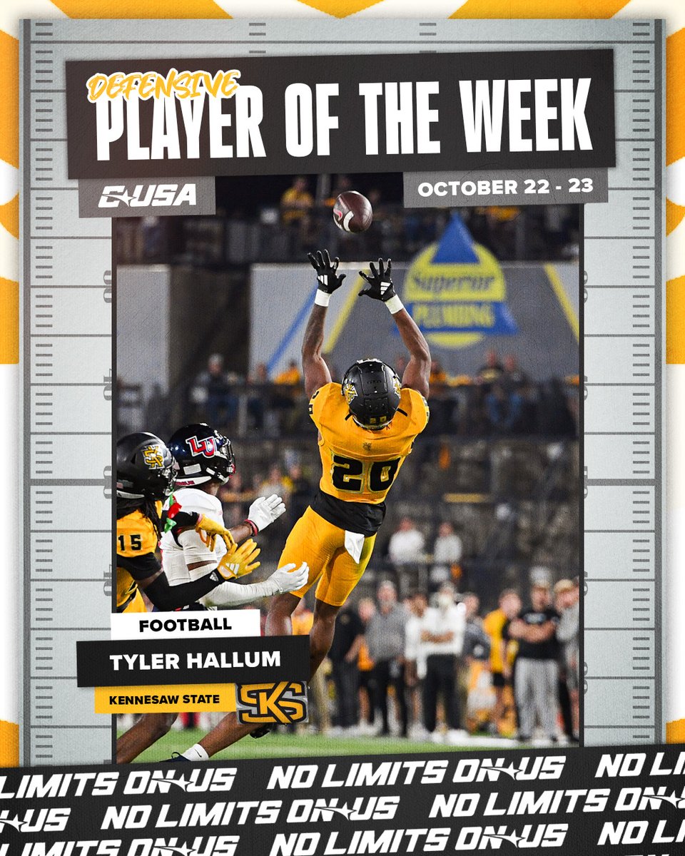 Conference USA (@conferenceusa) on Twitter photo ๐ DEFENSIVE PLAYER OF THE WEEK ๐
Tyler Hallum (<a href="/TylerHallum1/">Tyler Hallum</a>), <a href="/kennesawstfb/">Kennesaw State Football</a>
#NoLimitsOnUs | bit.ly/4e3vhLE ๐ DEFENSIVE PLAYER OF THE WEEK ๐
Tyler Hallum (<a href="/TylerHallum1/">Tyler Hallum</a>), <a href="/kennesawstfb/">Kennesaw State Football</a>
#NoLimitsOnUs | bit.ly/4e3vhLE