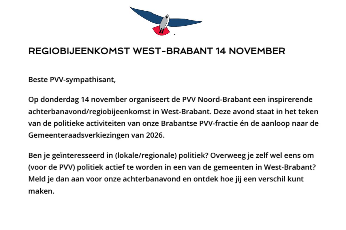 pvvnoordbrabant's tweet photo. Geïnteresseerd in lokale politiek? Kom op 14 november naar onze regiobijeenkomst in Steenbergen! Meld je aan via pvvfractienb@gmail.com Meer: https://t.co/VMHalgBPAO #PVV #Brabant https://t.co/Sjvkmdnzfm
