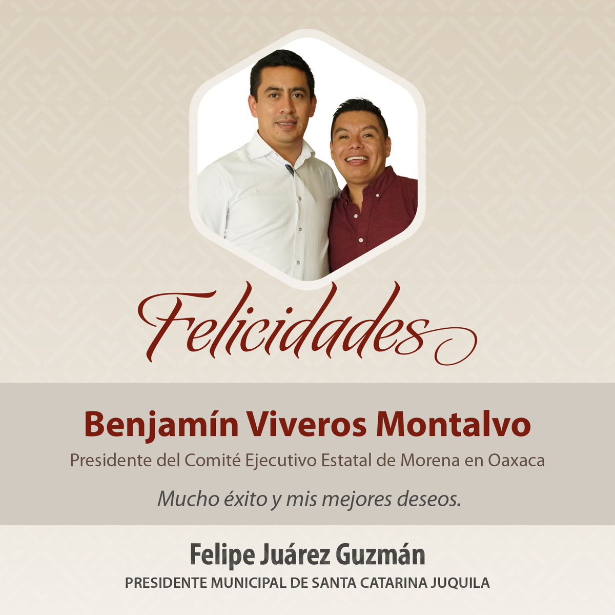 FelipeJuarezG's tweet photo. 🙌🏼🎉En este día felicito con motivo de su cumpleaños a mi amigo @BenjaViverosOax Presidente de @MorenaOaxaca1 le envío un afectuoso saludo y mis mejores deseos desde Santa Catarina #Juquila.

Enhorabuena y un fuerte abrazo, amigo.🙌 https://t.co/dz9rCJNN8w
