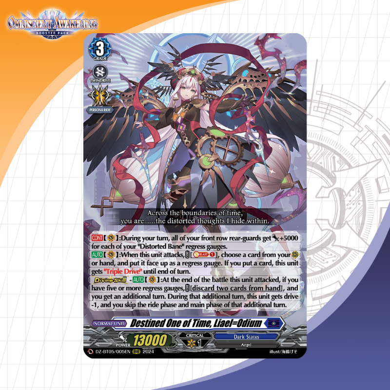 Today's featured card is Destined One of Time, Liael=Odium! Booster Pack 05: Omniscient Awakening releases on December 13 at your local store! https://t.co/A1KEL3tAG5 #CardfightVanguard #TCG Today's featured card is Destined One of Time, Liael=Odium! Booster Pack 05: Omniscient Awakening releases on December 13 at your local store! https://t.co/A1KEL3tAG5 #CardfightVanguard #TCG