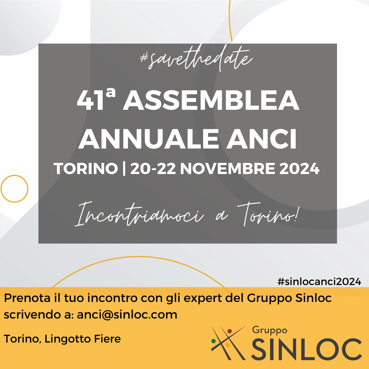 📣Anche quest’anno il Gruppo <a href="/Sinloc_spa/">SinlocSpa</a>  parteciperà con uno stand all’Assemblea <a href="/comuni_anci/">comuni_anci</a>, che si svolgerà a #Torino dal 20 al 22 novembre
Prenota il tuo appuntamento con i nostri esperti scrivendo a anci@sinloc.com
Maggiori info qui sinloc.com/landing/il-gru…
#sinlocanci2024