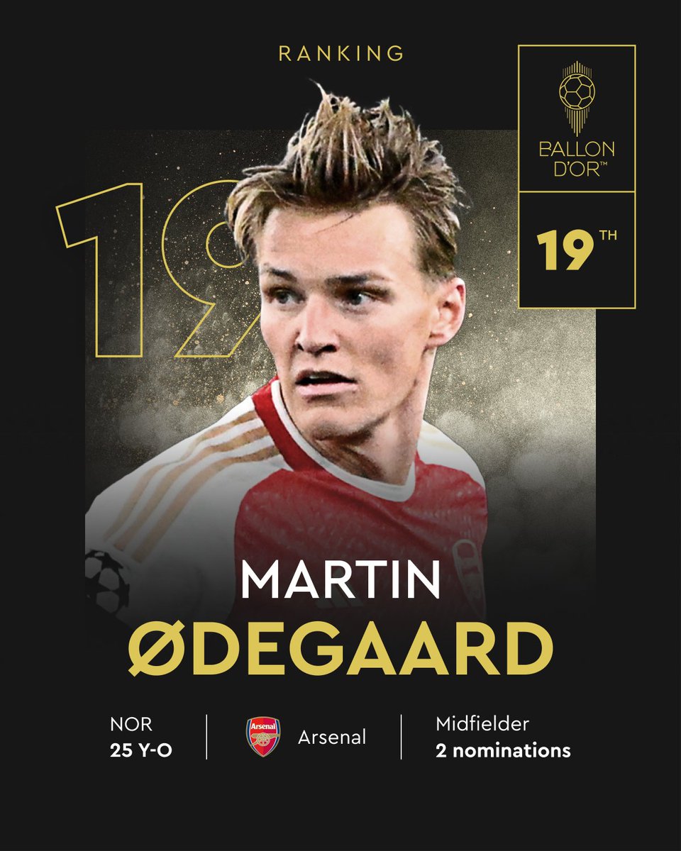 ballondor's tweet photo. Ranked at the 19th place for the 2024 Men's Ballon d'Or!   

Martin Ødegaard 
@Arsenal 
@nff_landslag  

#ballondor https://t.co/CzAMbBniDc
