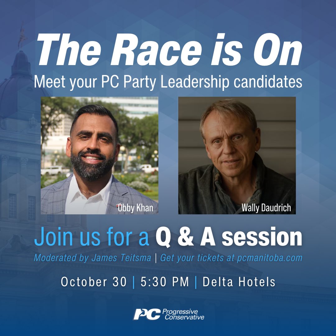 Your 2025 PC leadership candidates are Obby Khan and Wally Daudrich!

Join the two for a Meet &amp; Greet this Wednesday, where you’ll be able to ask questions and learn about their vision for the party and Manitoba. #mbpoli

🎟️ Contact 204-594-4080 or visit  pcmanitoba.com/party-events/l…
