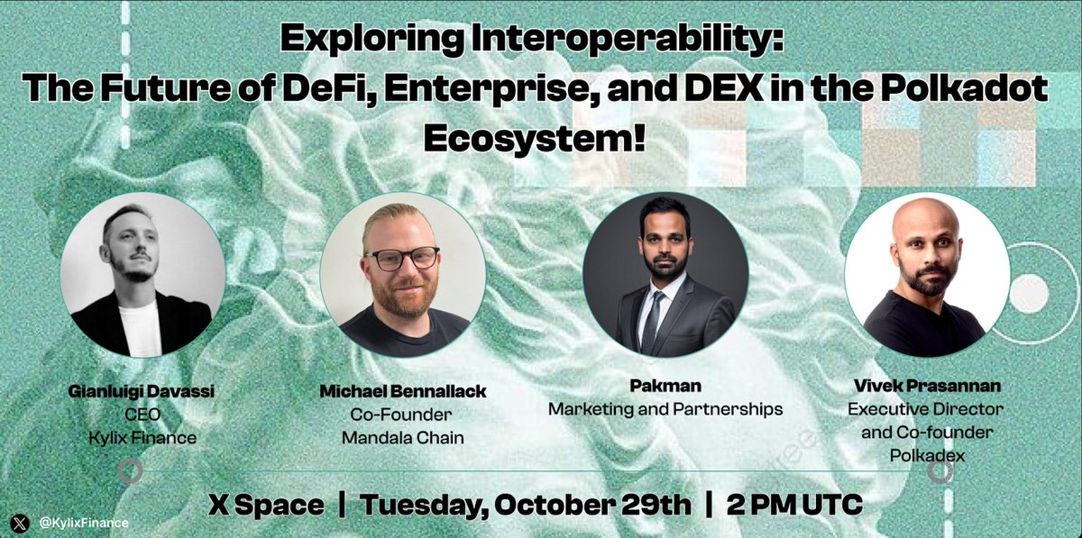 Tune in tomorrow at 2PM UTC for an engaging discussion with <a href="/vivekprasannan/">Vivek Prasannan</a>, co-founder and executive director of <a href="/polkadex/">Polkadex</a>, <a href="/Mick_Republik/">Michael Bennallack</a>, co-founder of <a href="/MandalaChain/">Mandala</a>, @GianDavassi CEO of @Kylixfinance and Pakman from @pakman_media about the future of DeFi, enterprise, and DEX