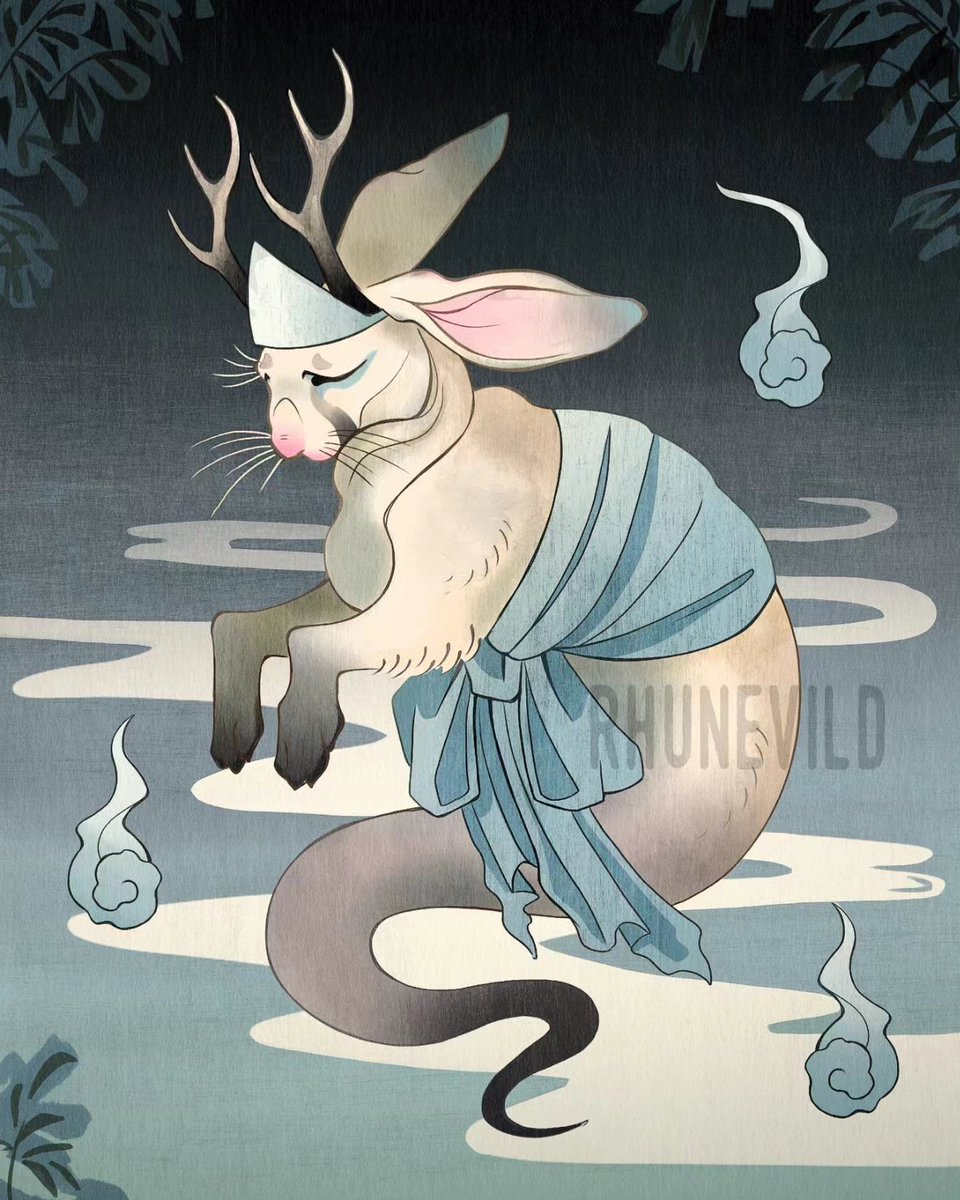 #ghost prompt for <a href="/drawtober/">Drawtober</a>. Inspired by Japanese woodblock prints and yūrei folklore. And, of course, it is a #Halloween #jackalope