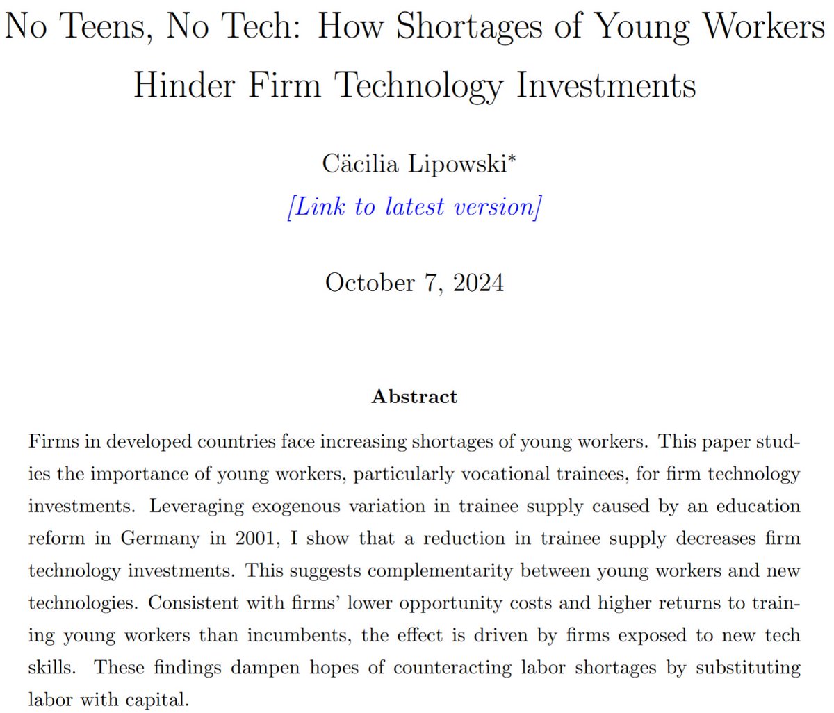 📯New WP📯

Firms in most developed countries currently face (young) worker shortages due to population aging. I show that the decreased supply of young workers – who are particularly adept at learning new skills required for new tech - reduces firm technology adoption.

Link 👇