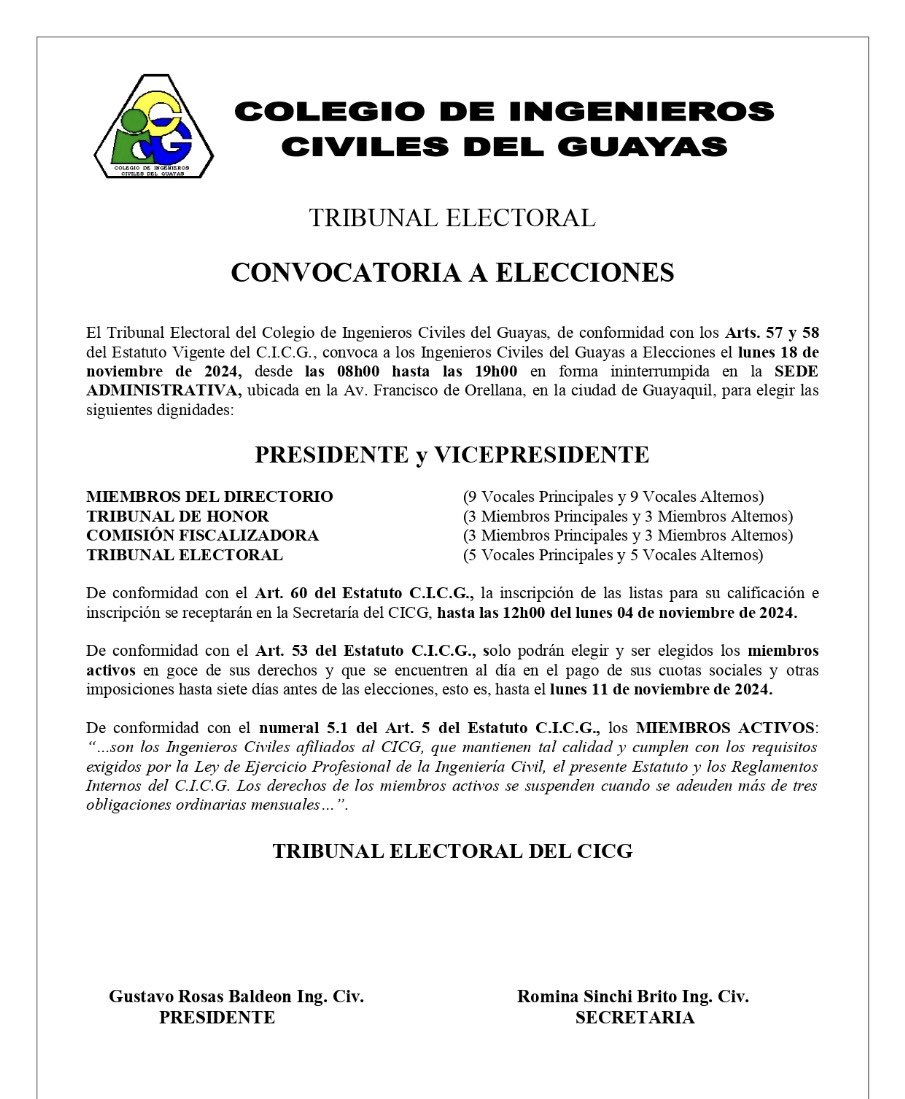 🔔 Elecciones CICG el 18 de noviembre de 2024, de 08h00 a 19h00 en la Sede Administrativa, Av. Francisco de Orellana, Guayaquil.

🗳 Dignidades a elegir: Presidente, Vicepresidente, Vocales, Tribunal de Honor y más.

¡Tu voz cuenta!

#EleccionesCICG #IngenierosCiviles