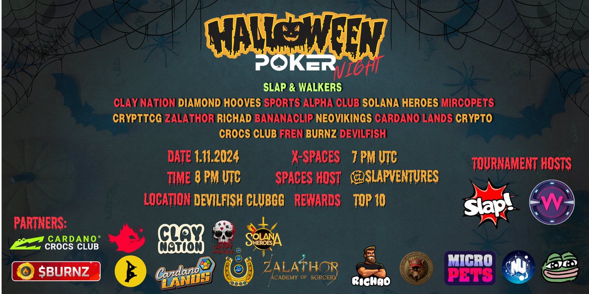 🎃 Halloween Poker Night #1 by SLAP! &amp; WALKERS 🎃

Get your game face on for Halloween Poker Night #1 – an open poker tournament combining blockchain excitement with Halloween thrills! Compete for exclusive prizes from top projects across Cardano, ETH, Solana, and BNB. No entry