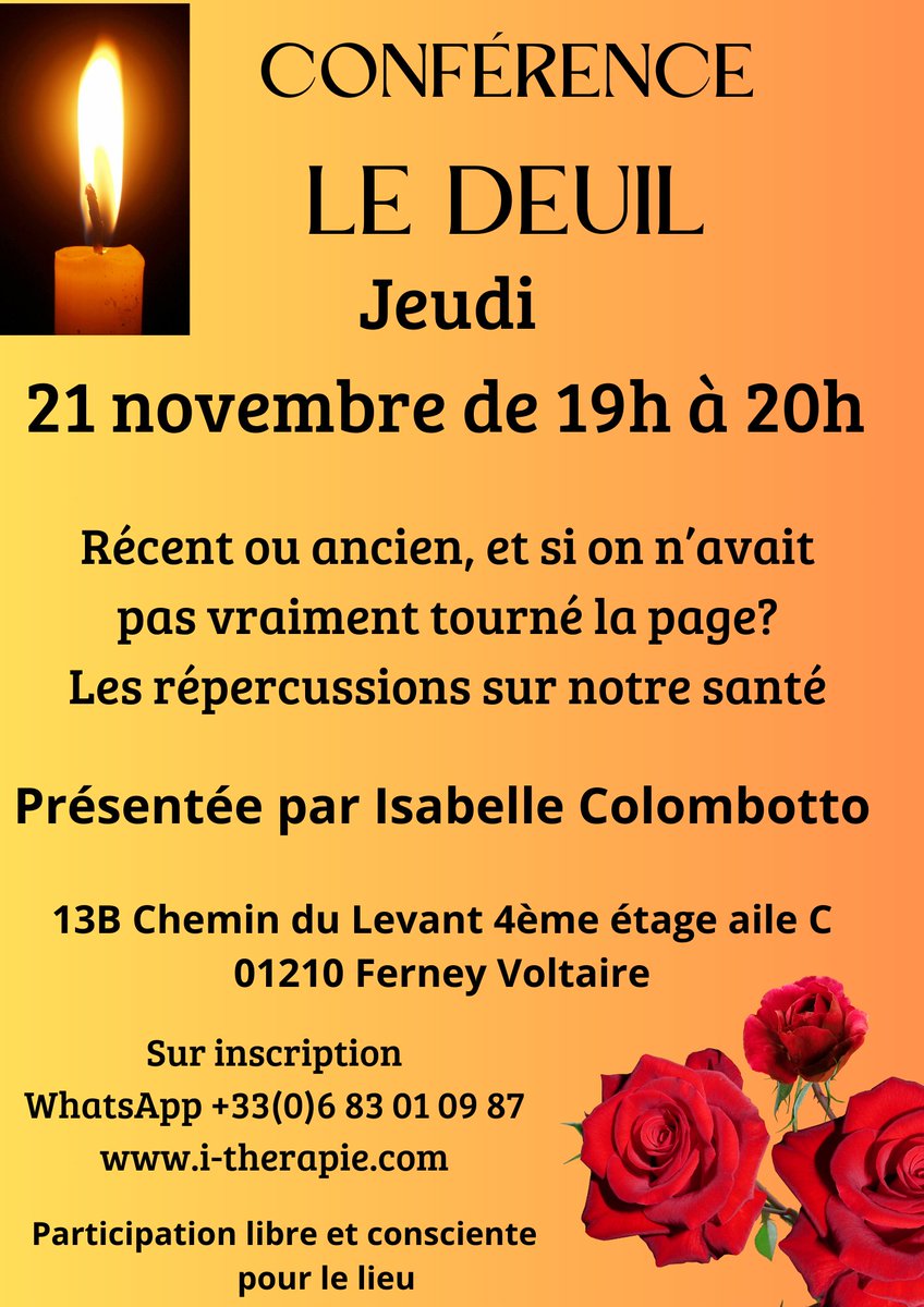IsabelleColom15's tweet photo. Conférence 
Les deuils non faits, les conséquences sur notre santé et la transmission de ceux-ci à notre descendance.
https://t.co/xOGck83YM7 https://t.co/bzvjgNWiZZ