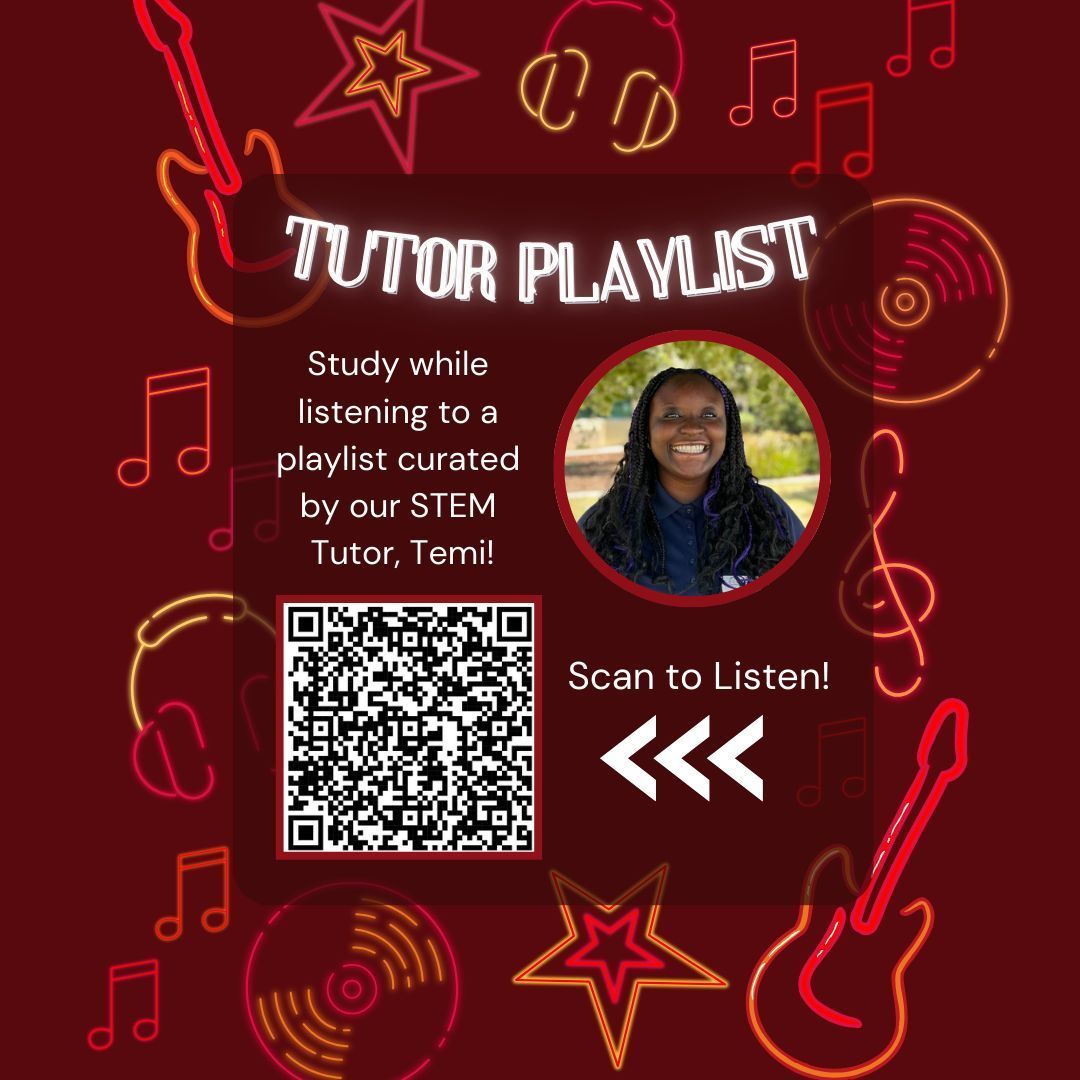 Clovis_TC's tweet image. Tutor Playlist! Scan the QR Code to check out Temi&apos;s &quot;Brain Juice&quot; playlist! #cloviscommunity #tutorialcenter #tutor #STEM @cloviscrush @cloviscollege #playlists #music