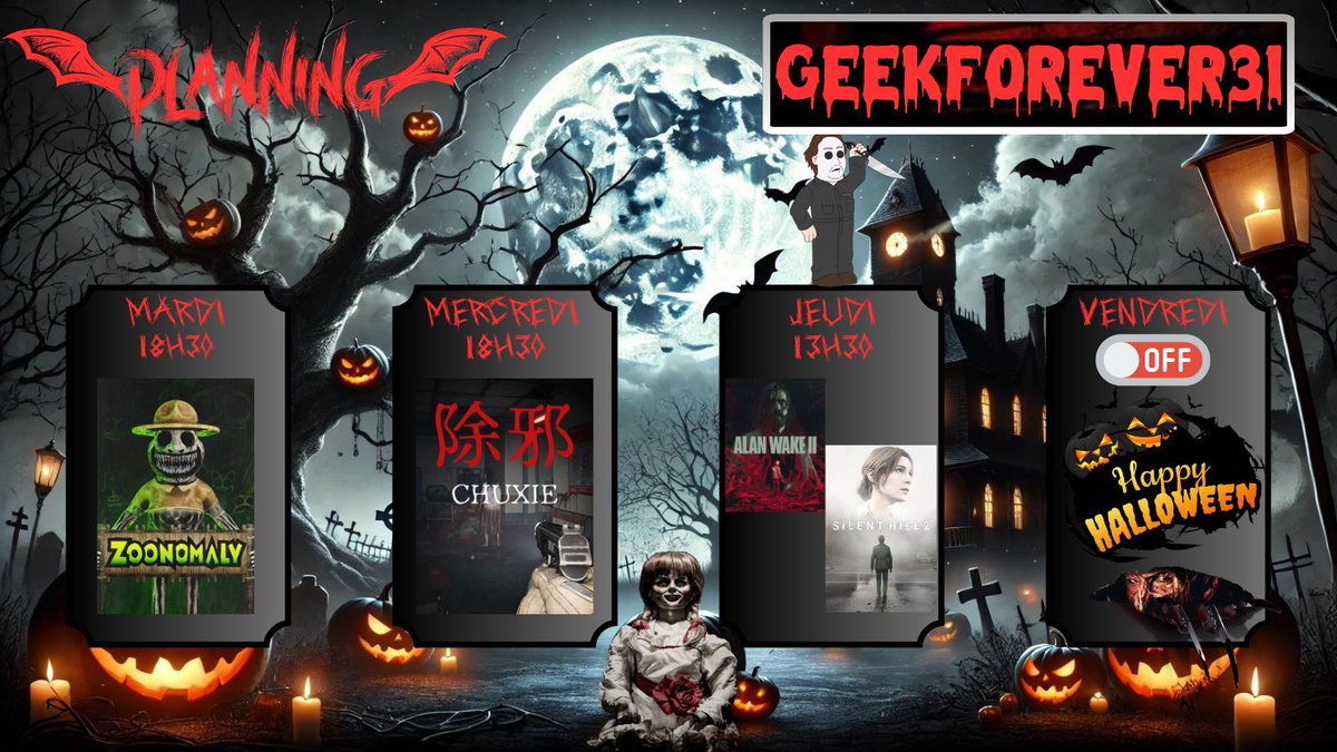 Coucou la Team 🤘
C’est partie pour une semaine de flippe 😱😈🎃

twitch.tv/geekforever31