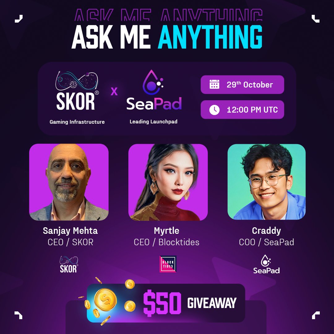 theskorai's tweet photo. 🚀 Join Us for a SKOR x SeaPad AMA on X! 🚀

🗓 Date & Time: 12:00 PM UTC on 29th October

We’re excited to announce a special AMA in collaboration with @SeaPad_defi, the only launchpad supporting all major Layer 1 & Layer 2 networks like ETH, BSC, Solana, and more! ��️ 

Join us to learn about how SeaPad’s extensive network of 700+ KOLs, partnerships with 300+ VCs, and strategic marketing support are empowering Web3 projects across the globe. 🌏

🔗 Link to the AMA: https://t.co/Wl5lzLG5dG 

How to Enter the Giveaway:

Step 1: Follow @skor_meta and @seapad_defi on X

Step 2: Join SKOR's Telegram community
Telegram Community Link: https://t.co/OQAoAqxx3c 

Step 3: Ask questions during the AMA by tweeting with the hashtag #SKORxSeapad

Top 5 Questions will win $10 each!

Don’t miss out on this opportunity to explore how SeaPad is setting new standards in project launches and community engagement! 

#SKORxSeapod #Blockchain #Web3 #Metaverse #Gaming