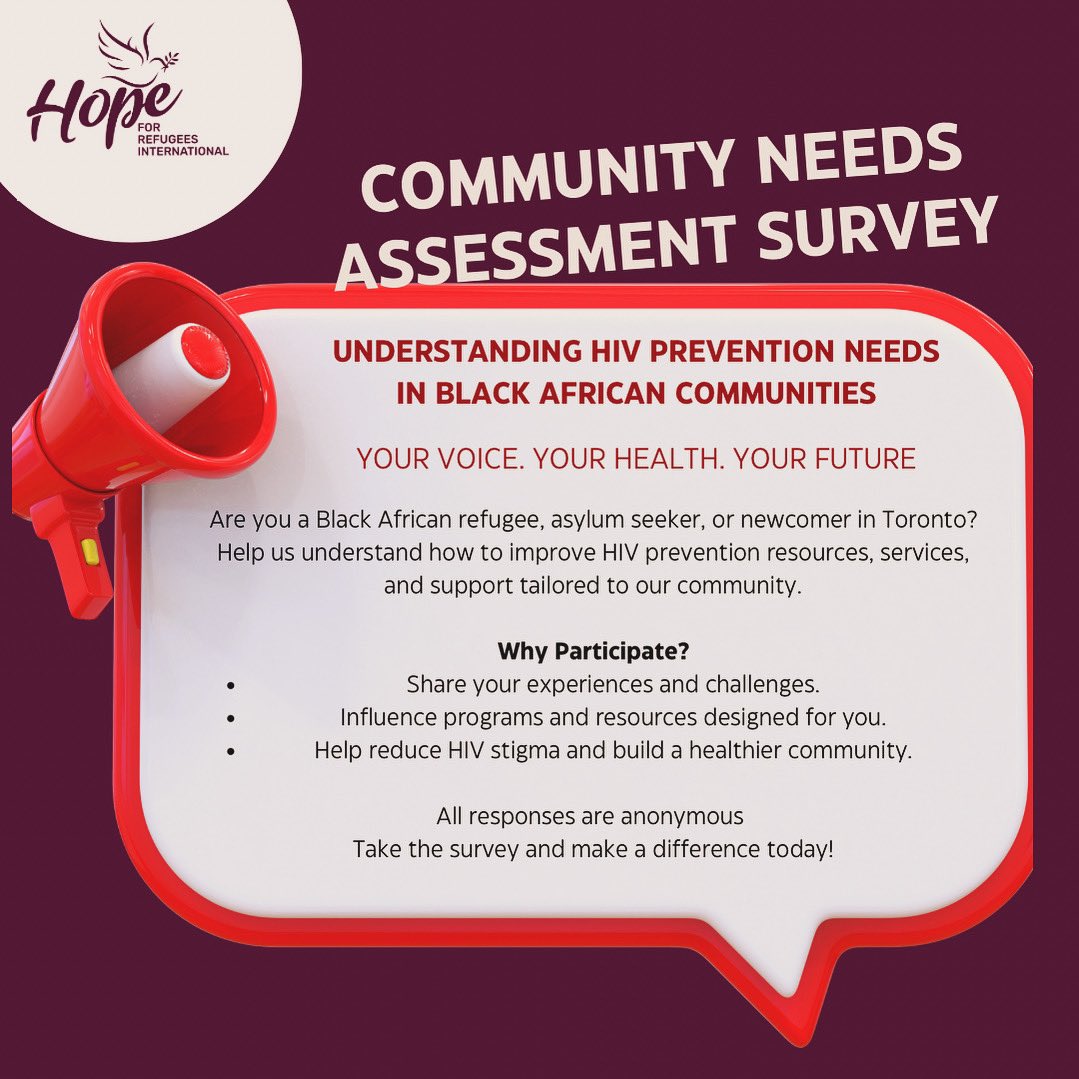 📢 Black African Refugees &amp; Newcomers in Toronto! 📢

We’re conducting a survey on HIV prevention needs in our community. Share your insights to help us improve health resources tailored to you. Responses are anonymous.

Deadline: Nov 4, 2024

docs.google.com/forms/u/1/d/1X…