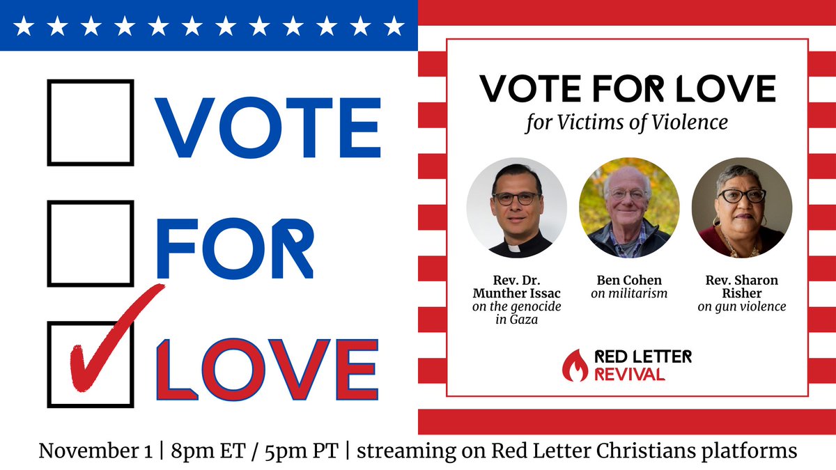 RedLetterXians's tweet photo. 🗓️November 1
🕗8pm ET / 5pm PT
🗳️#VoteForLove for Victims of Violence ft.
🔥@MuntherIsaac of @BethlehemBibleC &amp; @ChristAtCheckpt on Gaza
🔥@YoBenCohen of @benandjerrys on #militarism
🔥@RisherRev on #gunviolence
all in conversation with @ShaneClaiborne 
🔗https://t.co/LeKyRyLS6T https://t.co/Cx9mtqxKQE