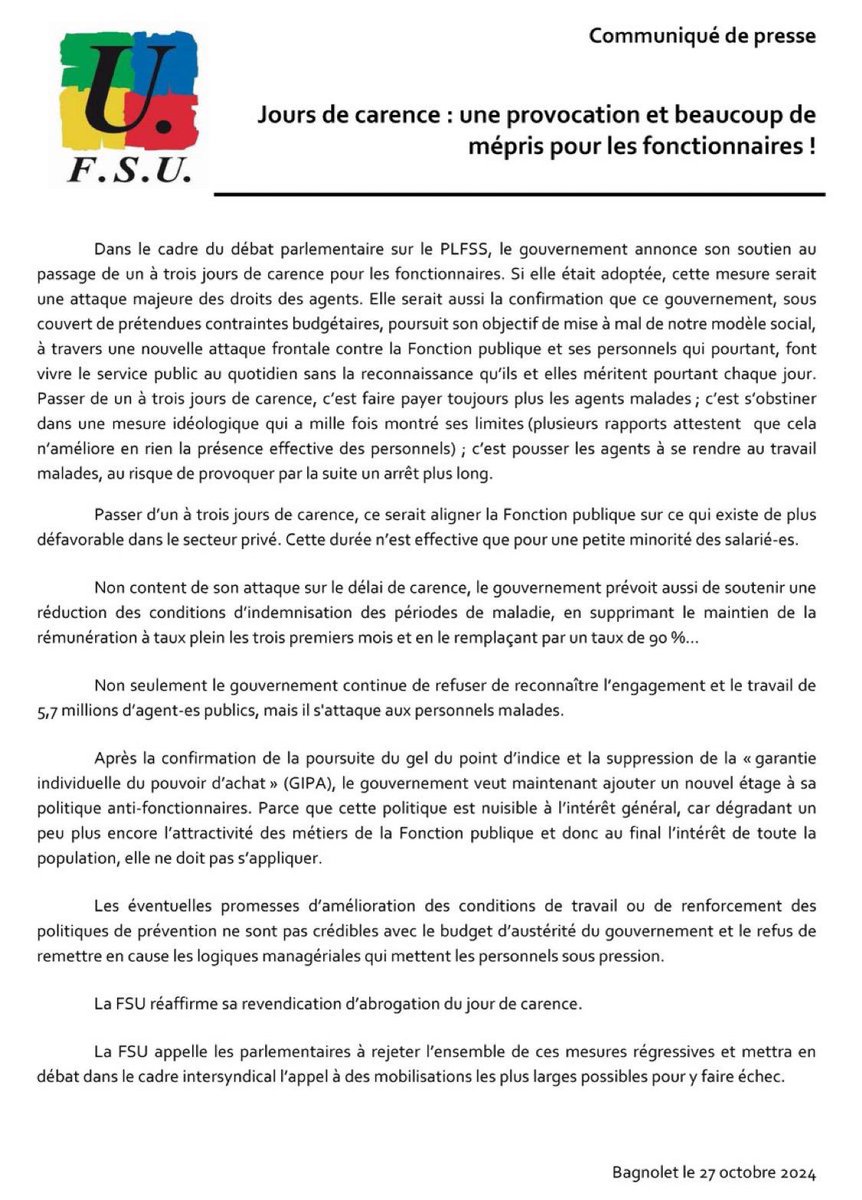 Fsugironde's tweet photo. 📣 3 Jours de carence : "La FSU mettra en débat dans le cadre intersyndical l'appel à des mobilisations les plus larges possible pour faire échec à cette mesure régressive"
🖋️ Communiqué national "Une provocation et beaucoup de mépris pour les fonctionnaires !"
#StopMepris https://t.co/HXbzUGX8IA