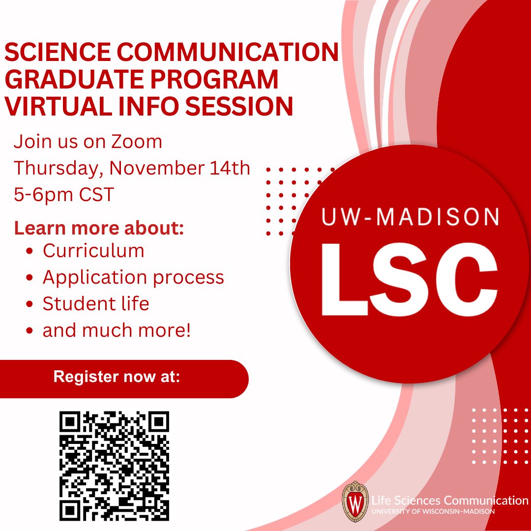 UW-Madison LSC (@uw_lsc) on Twitter photo Interested in learning more about LSC's graduate programs? Join us Thursday, November 14th via zoom to chat about the application process, curriculum, student life and much more. Scan the code below to register today!
#scicomm #gradschool #info Interested in learning more about LSC's graduate programs? Join us Thursday, November 14th via zoom to chat about the application process, curriculum, student life and much more. Scan the code below to register today!
#scicomm #gradschool #info