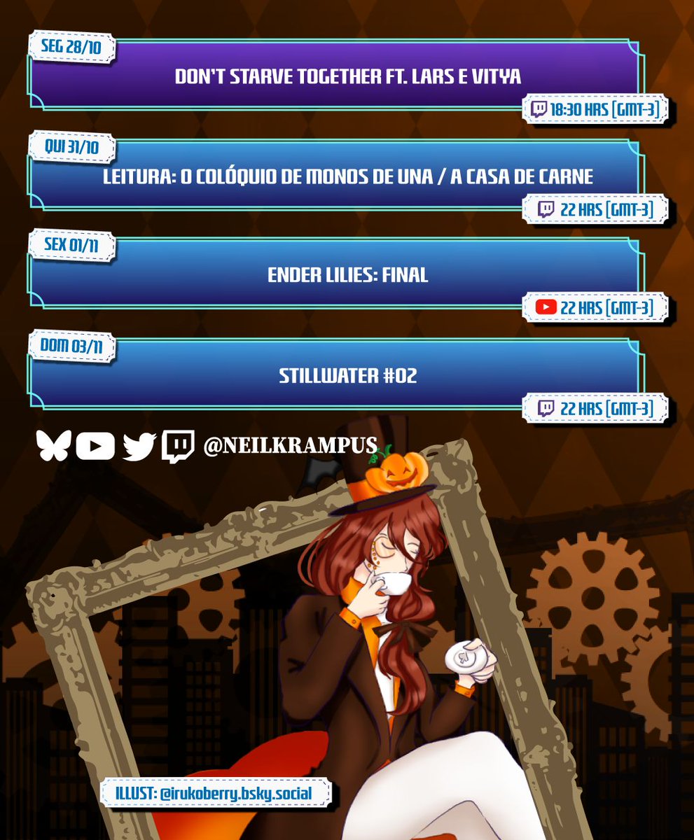NeilKrampus's tweet photo. 💙SCHEDULE 28/10~03/11💙
🎩Tag geral: #KrampusNight
🎩Fanart: #NeilPic
🎩Redes sociais e commissions: https://t.co/FgesYAhbOQ
✨ https://t.co/TmncqoRqI7
✨ https://t.co/oxYAUqnDy2
🎨: @/irukoberry.bsky.social
#StarSongEnt #VtuberBR #KrampusNight https://t.co/ZQsqcev0Bz