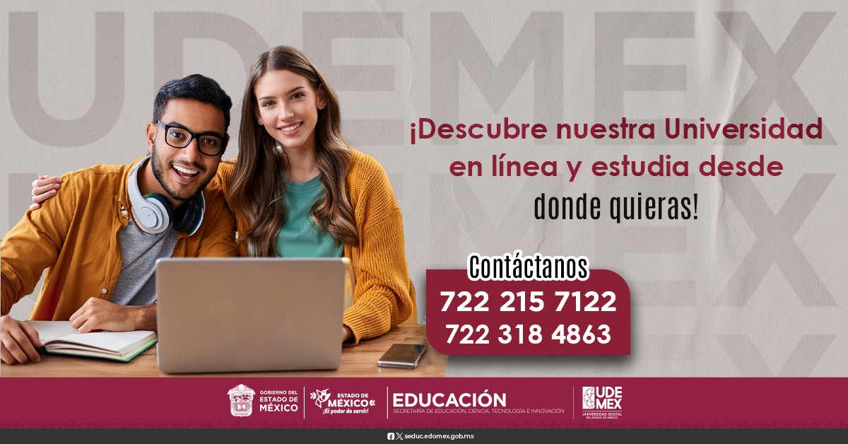 UDEMEX's tweet photo. La Universidad Digital del Estado de México (UDEMEX) es una institución educativa pública en el Estado de México que ofrece programas académicos en línea y a distancia.
Conoce más sobre nuestras convocatorias vigentes. https://t.co/gDbe4VcrJl