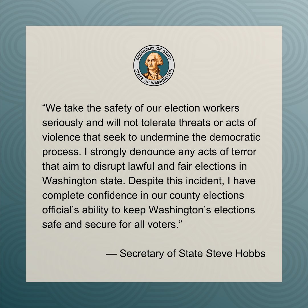 This morning, the Office of the Secretary of State received reports of a suspected incendiary device placed in a drop box in Vancouver, WA. Read the full statement here: bit.ly/48tYs9h