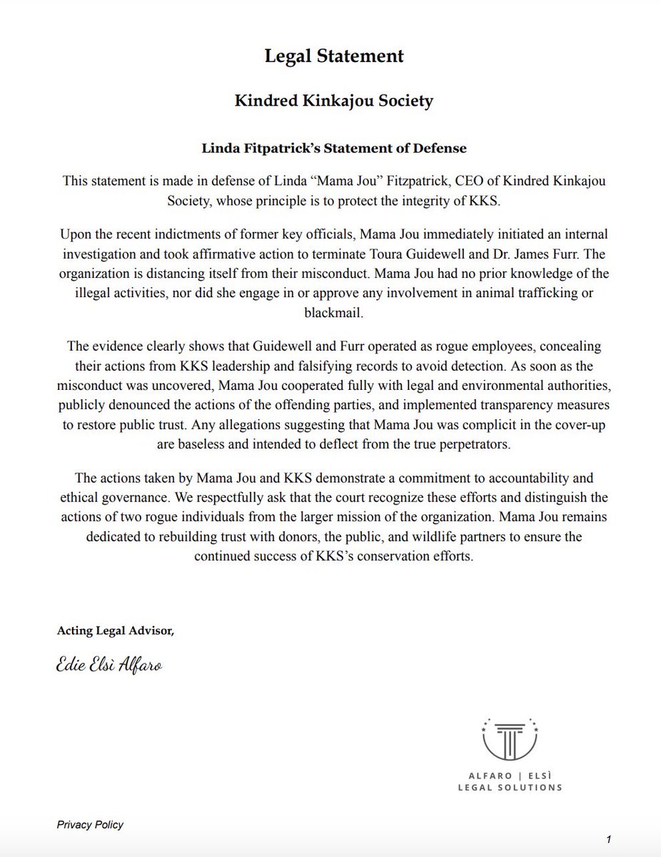 missedieelsi's tweet photo. A legal statement on behalf of my client, Linda “Mama  Jou” Fitzpatrick, in defense of the ongoing investigation of @KindredKinkajou https://t.co/sKQ242RUiE