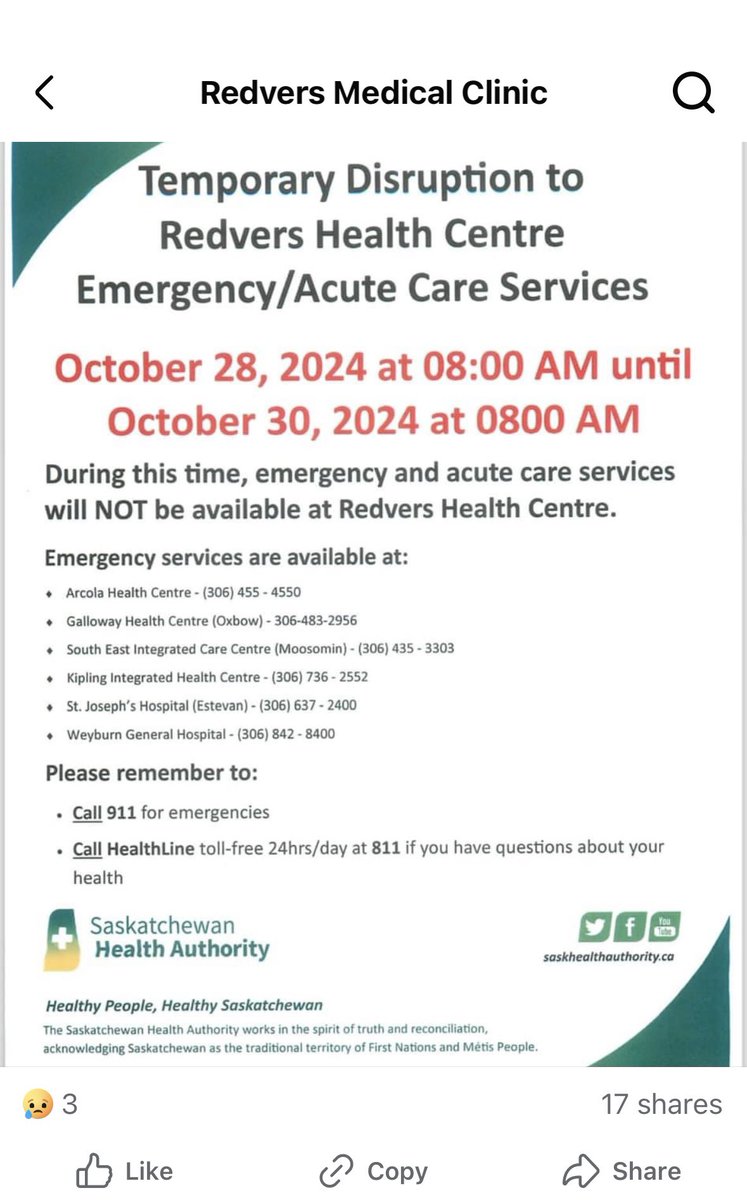 Here we go again in rural #Sask. A multi-day care disruption - Redvers Emergency and Acute Care services.

This is what happens when we ignore health care in our province’s rural communities. They deserve so much better. 

#skpoli