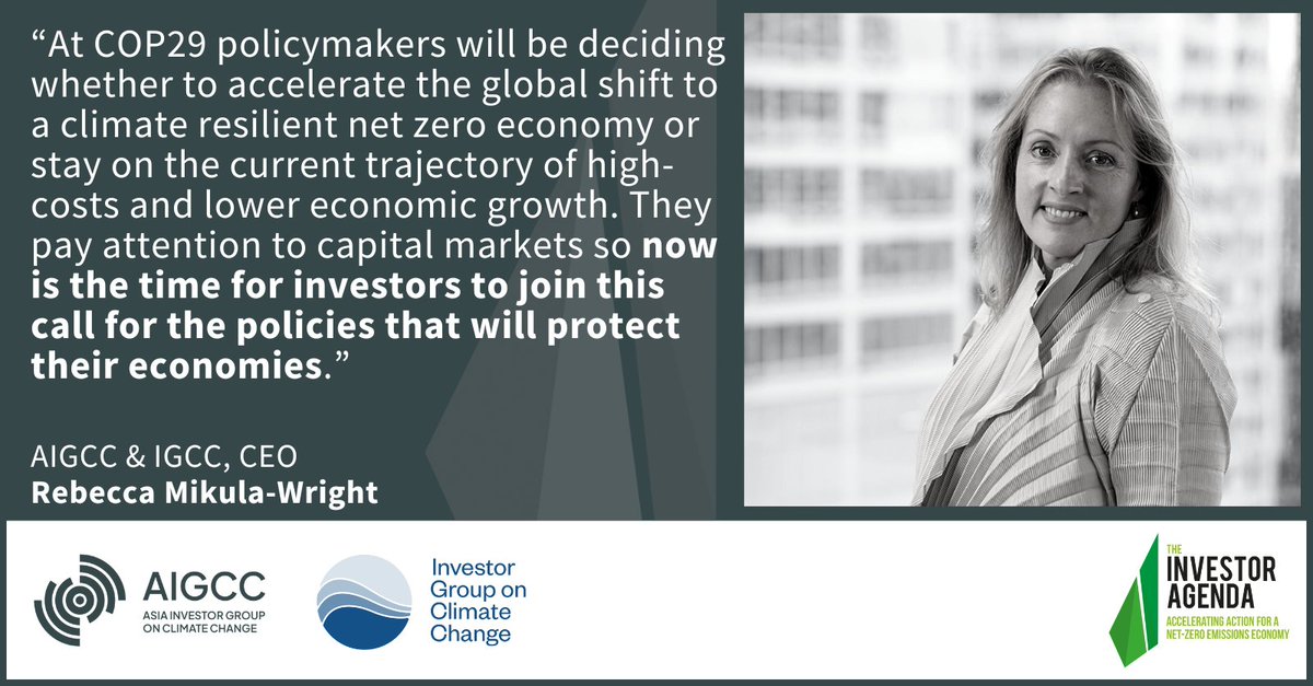 The Investor Agenda (@investoragenda) on Twitter photo The 2024 #GlobalInvestorStatement calls on governments to enact 5 key climate and finance policies. Investors can sign until Friday 1 Nov: theinvestoragenda.org/focus-areas/po…
CEO of <a href="/AIGCC_update/">Asia Investor Group on Climate Change</a> & <a href="/IGCC_Update/">Investor Group on Climate Change</a> and Founding Partner of the Investor Agenda, <a href="/BecMW28/">Rebecca Mikula Wright</a> said on the statement: The 2024 #GlobalInvestorStatement calls on governments to enact 5 key climate and finance policies. Investors can sign until Friday 1 Nov: theinvestoragenda.org/focus-areas/po…
CEO of <a href="/AIGCC_update/">Asia Investor Group on Climate Change</a> & <a href="/IGCC_Update/">Investor Group on Climate Change</a> and Founding Partner of the Investor Agenda, <a href="/BecMW28/">Rebecca Mikula Wright</a> said on the statement: