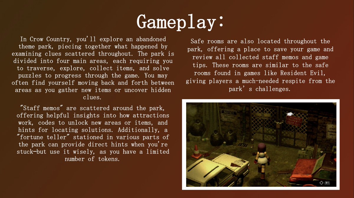 Lefinxx's tweet photo. I only just finished Crow Country the other day and despite me exploring the park scared of monsters jumping out at me, I enjoyed it.
#game #gamereview #gamerec #horrorgames #adventuregame #videogames #survivalhorror #horrorgame #spookyseason #halloween #indiegame #spookyseason https://t.co/7dNbrzqLBn