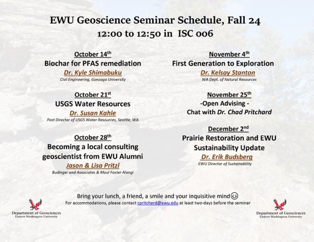 ewu_geos's tweet photo. It’s Monday so that means another Fall Seminar speaker! Today we have Jason and Lisa Pritzl sharing insights on local consulting projects in Geoscience! Join us at noon in ISC 006, and feel free to bring a friend! https://t.co/OtbgVVrFB2