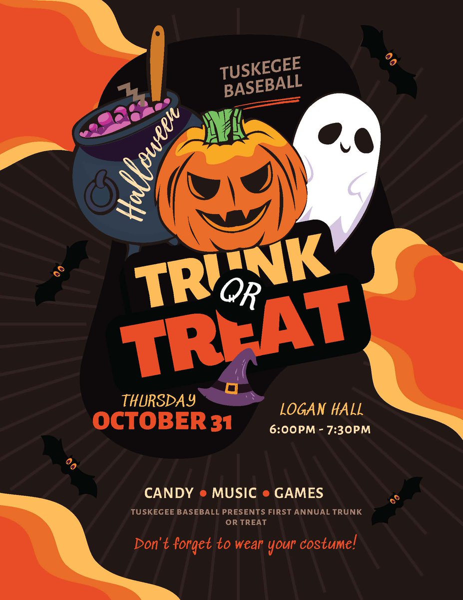 Skegeebaseball's tweet photo. 🎃Get ready for Halloween fun with Tuskegee Baseball! 👻
Join us for Trunk or Treat on Thursday, October 31, at Logan Hall from 6:00-7:30 PM! Enjoy candy, music, and games as we celebrate Halloween in style.
#TrunkOrTreat #Halloween #SkegeeBaseball #MyTUAthletics🐅 https://t.co/gJjjly3vim