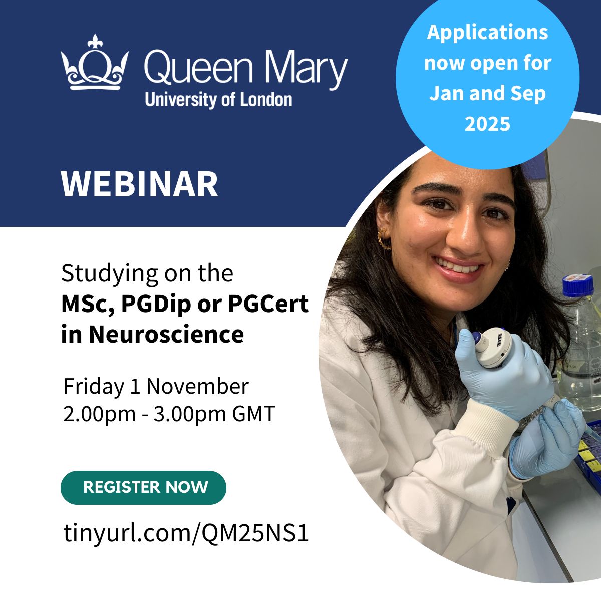 Join us on 1st Nov, 2-3pm GMT to find out what it's like to study on our MSc in #Neuroscience. Register now 👉 tinyurl.com/QM25NS1  Help to transfer neuroscience and pharmacological discoveries into clinical use, and take part in clinical or bench-based research projects