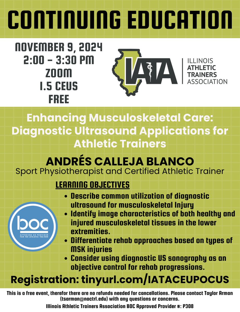ILAthTrainers's tweet photo. FREE CEU Opportunity!!!

Andres Calleja Blanco is giving a webinar on Diagnostic Ultrasound Applications for athletic trainers

November 9, 2024 2:00-3:30 PM CT

Register for the event: https://t.co/g7I8XtoLQX

#athletictraining #athletictrainer #continuingeducation #CEU https://t.co/hqL3dLndxc