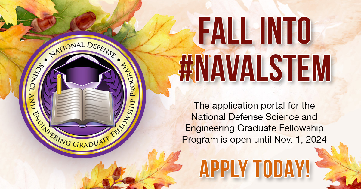 USNavyResearch's tweet image. 🍂 Falling into #NavalSTEM this year? The NDSEG Fellowship might be your next step!
NDSEG is a prestigious, fully funded program that supports U.S. citizens pursuing a Ph.D. in fields critical to national defense. 
📅 Apps due 1 Nov! ndseg.sysplus.com