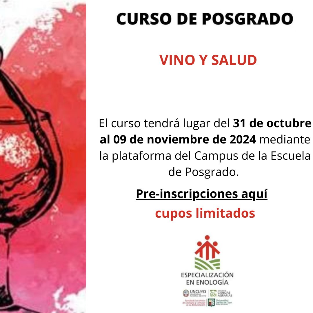 🍇 Vino y Salud 🍷❤️
¿Sabías que el vino puede tener beneficios para tu salud? 🍷✨ La UNCUYO  y UCCuyo te invita a participar del curso "Vino y Salud"
📅 Fecha: 31/10 al 09/11  
🔗 Inscripción fca.uncuyo.edu.ar/cursos/item/vi….
#VinoYSalud  #CienciaDelVino #SaludYBienestar