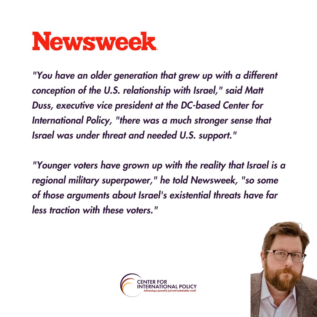 EVP @MattDuss discusses generational differences on #Israel policy with <a href="/Newsweek/">Newsweek</a>:

"Younger voters have grown up with the reality that Israel is a regional military superpower. ...[A]rguments about Israel's existential threats have far less traction." 
🔗newsweek.com/israel-poll-ge…