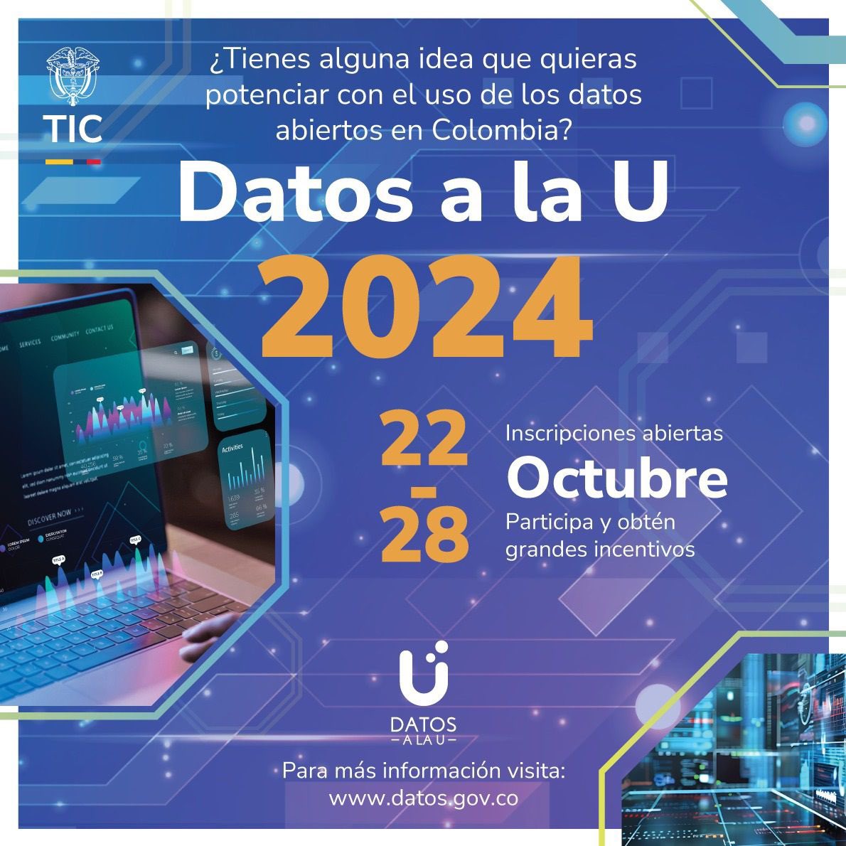 GobDigitalCO's tweet photo. 📢 ¡Convocatoria abierta "Datos a la U"! El @Ministerio_TIC invita a los estudiantes de 🇨🇴 a desarrollar proyectos que impacten a la sociedad utilizando datos públicos.✨💻 Inscríbete aquí: https://t.co/4qd2D6FFJI #DatosALaU https://t.co/V2H1VoJjzL