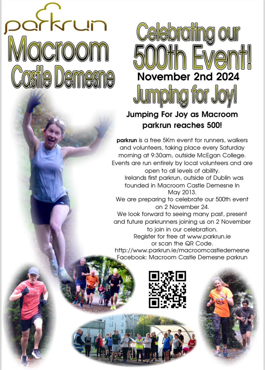 Please join us for a special 500th parkrun event at Macroom Castle Demesne parkrun on Saturday, 2nd November. ALL WELCOME.
#loveparkrun #event500
